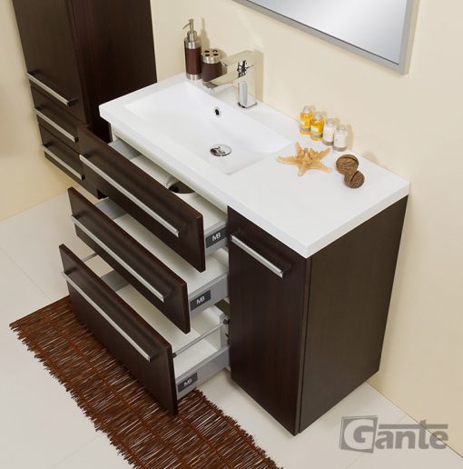 assymetrical dark brown vanity unit