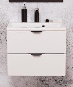 White vanity unit with black handles