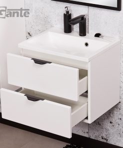 White vanity unit with black handles
