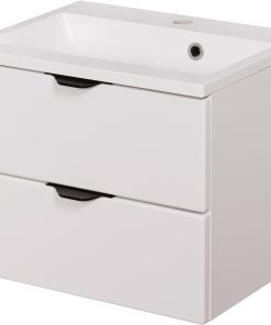 White vanity unit with black handles