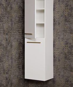 white storage unit with gold handles
