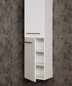 white storage unit with gold handles