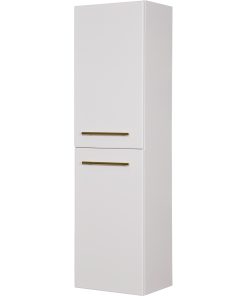 white storage unit with gold handles