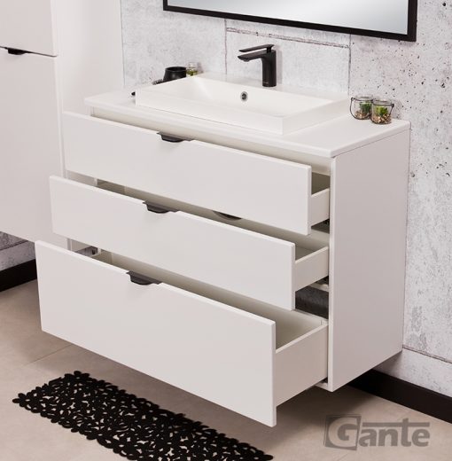 white vanity unit with worktop