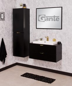 black vanity unit with counter top white basin