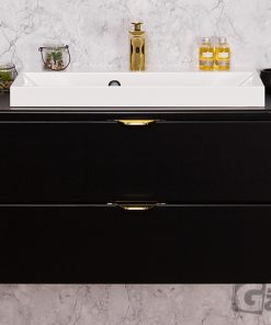 black vanity unit with counter top white basin