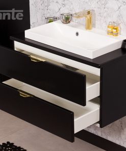 black vanity unit with counter top white basin