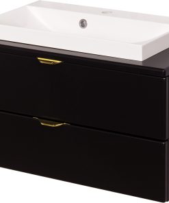black vanity unit with counter top white basin