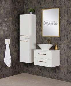 White vanity unit with gold tap