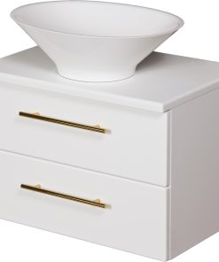 White vanity unit with gold tap