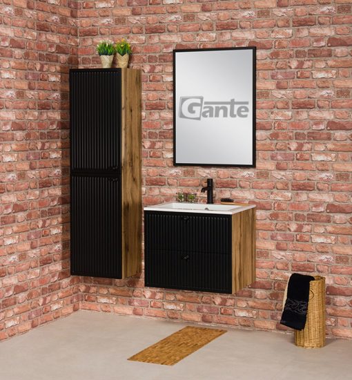 black and oak vanity