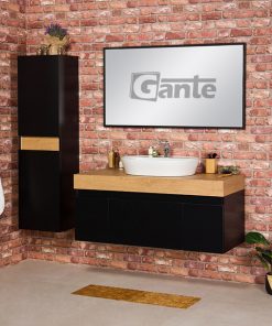 Black vanity unit with oak top