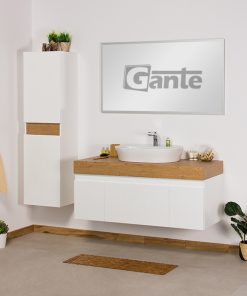 white vanity with oak top