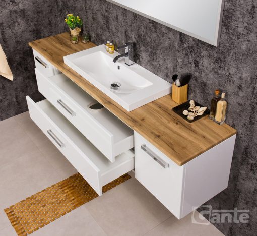 Vanity Unit Focus 180cm/2 + Basin LIV 80cm White, Oak top - Image 3