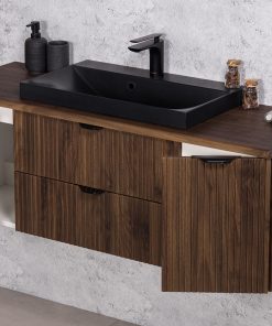 walnut vanity unit with black sink