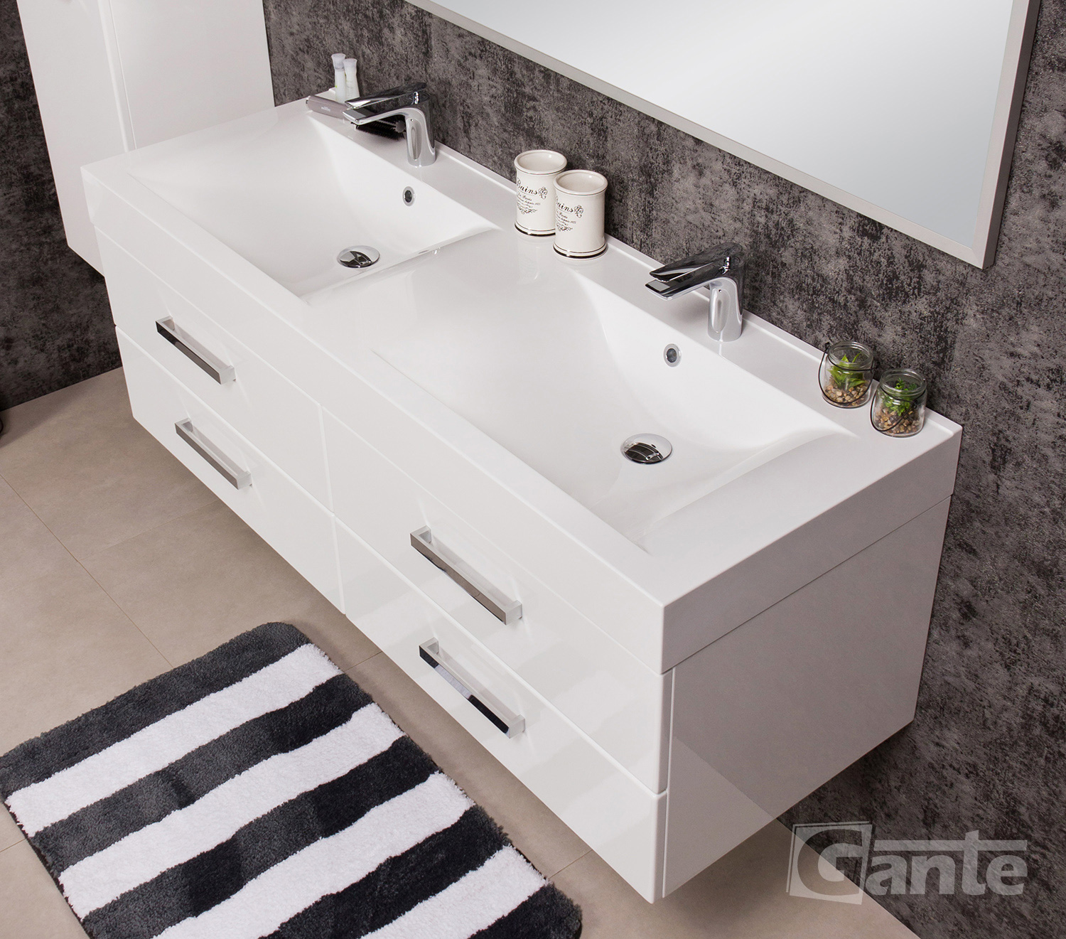 white vanity unit with double sink