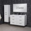 Modern white double-sink bathroom vanity with six drawers, sleek metal handles, and black faucets