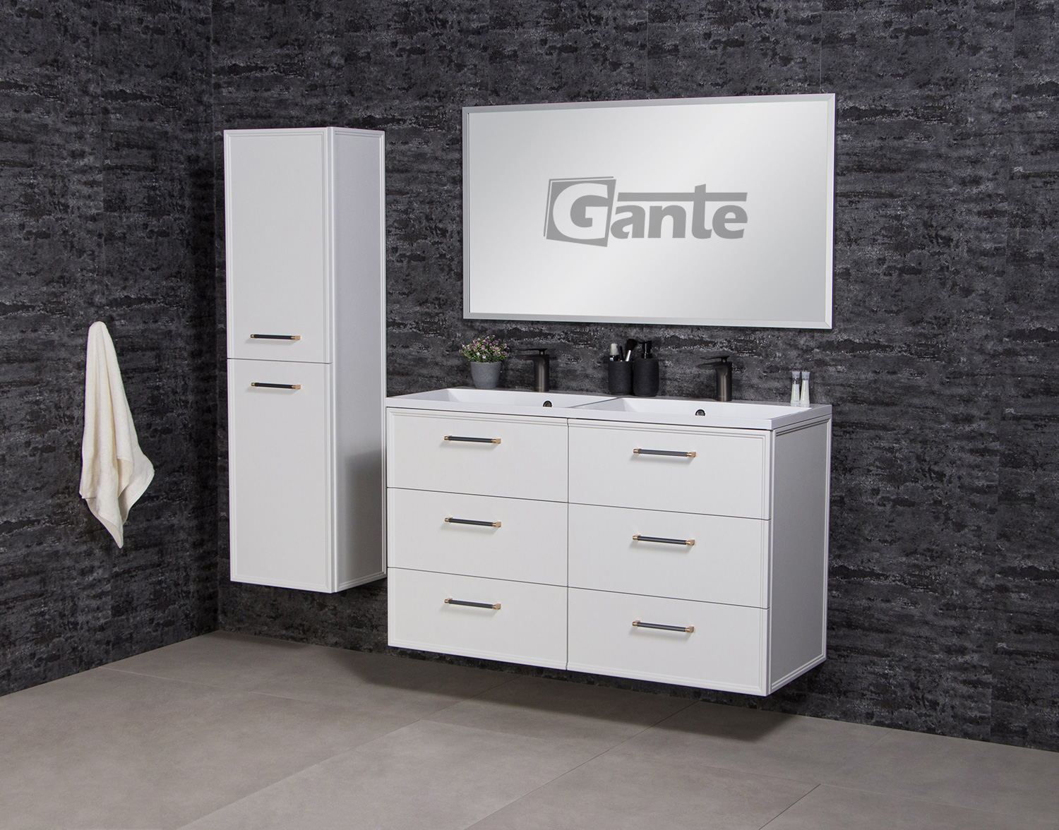 Modern white double-sink bathroom vanity with six drawers, sleek metal handles, and black faucets