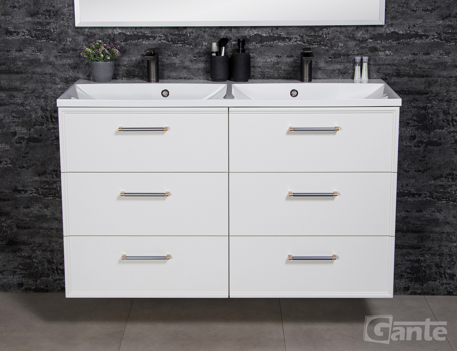 Modern white double-sink bathroom vanity with six drawers, sleek metal handles, and black faucets