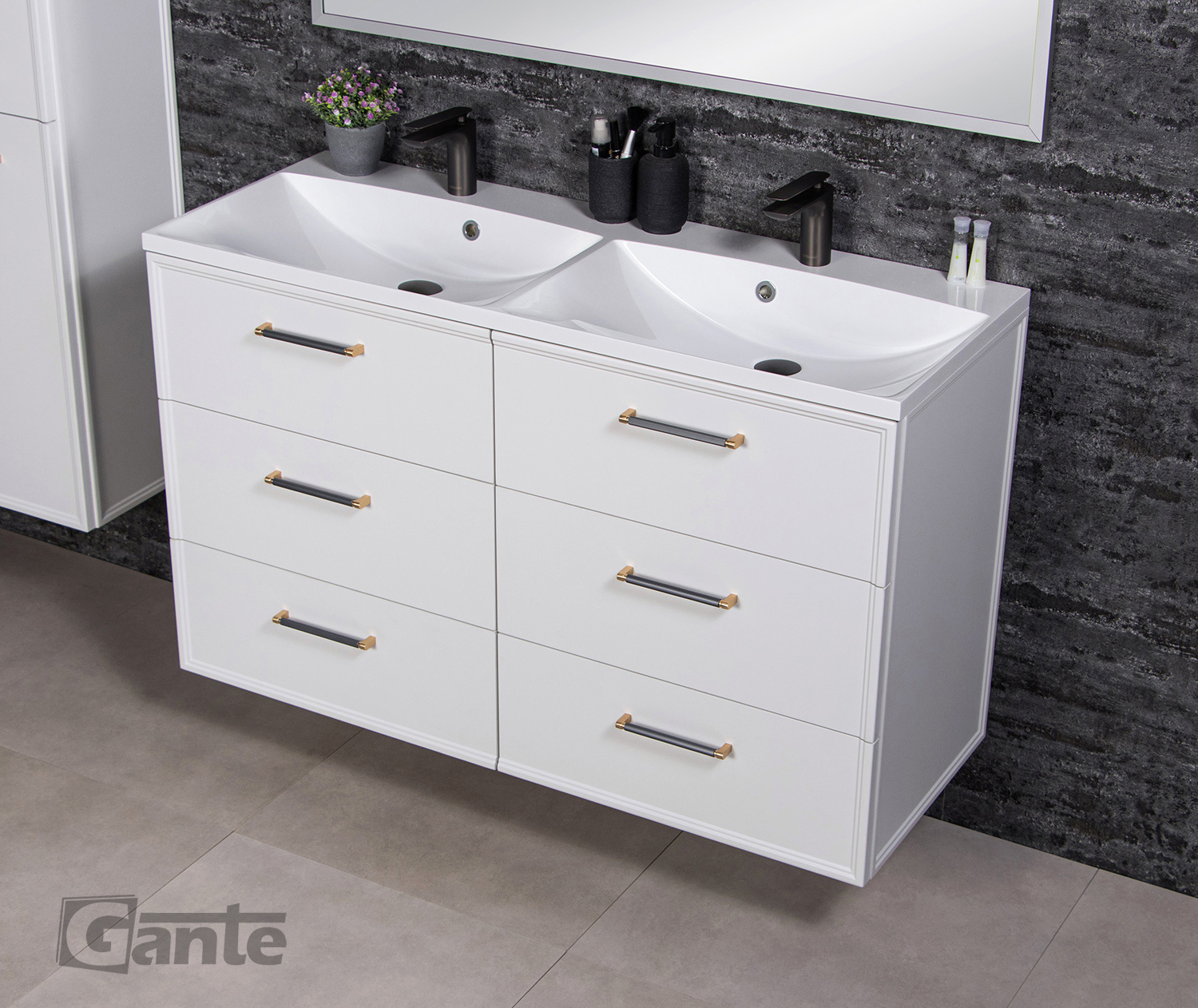 Modern white double-sink bathroom vanity with six drawers, sleek metal handles, and black faucets