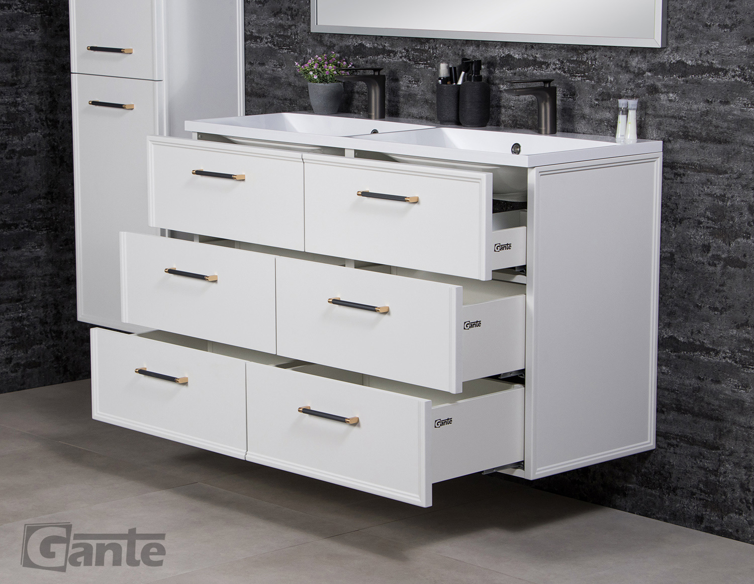 Modern white double-sink bathroom vanity with six drawers, sleek metal handles, and black faucets