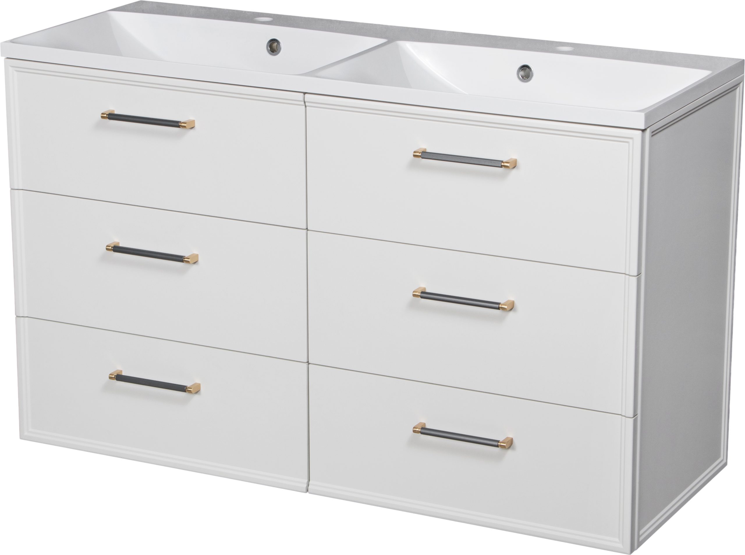 Modern white double-sink bathroom vanity with six drawers, sleek metal handles, and black faucets